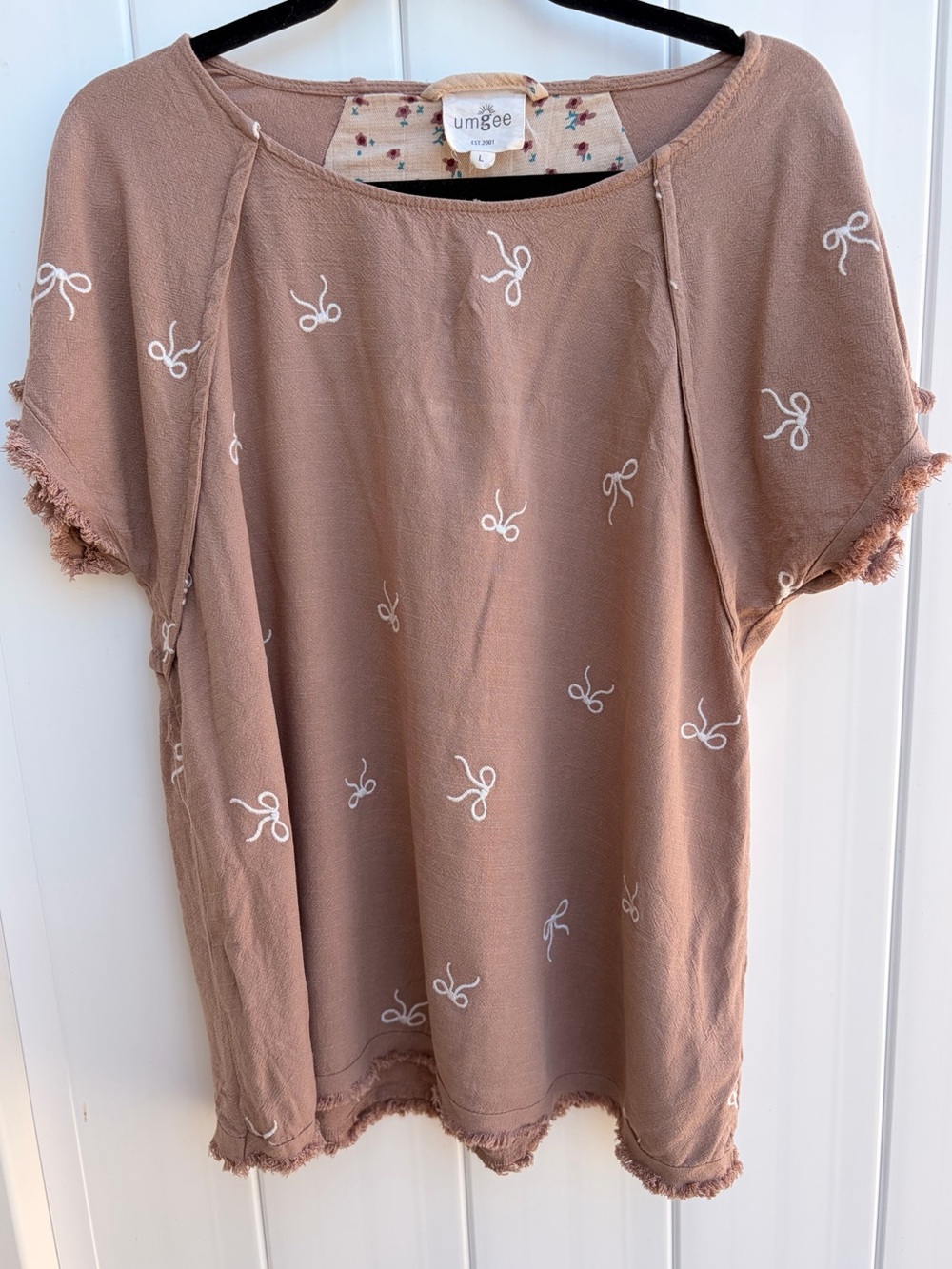 Umgee Mauve Taupe Bow Print Tunic Top Short Sleeve